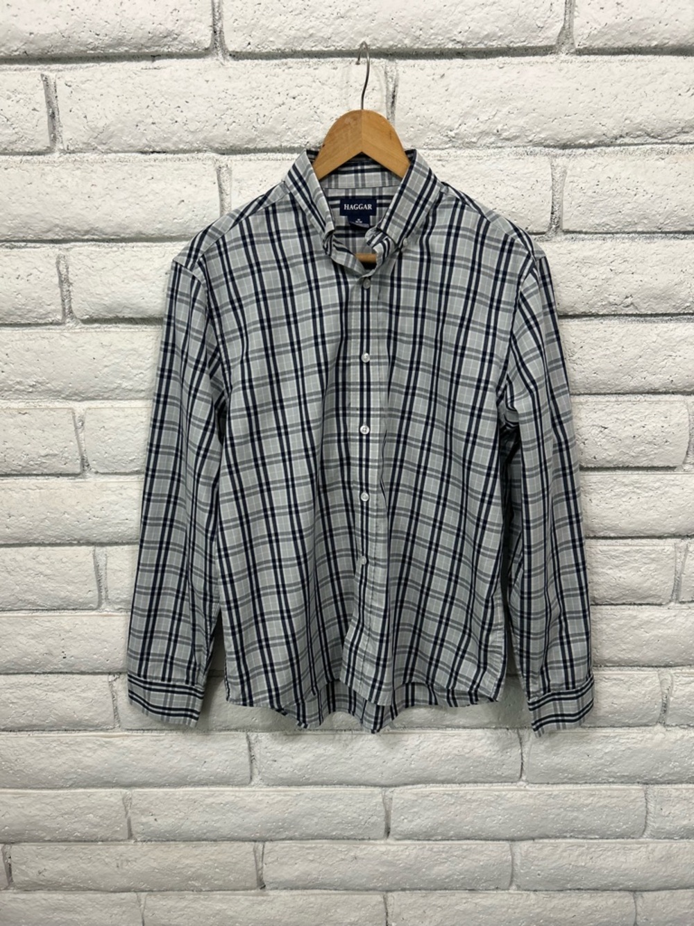 Haggar Navy and White Plaid Button-Down Shirt